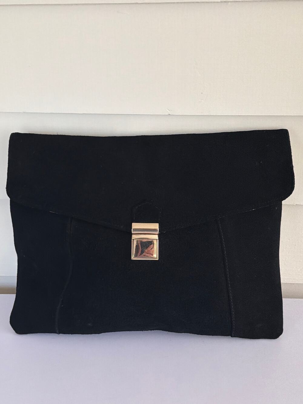 Oversized Black Suede Leather Clutch Purse Gold Clasp Celine Vibe Minimalist Y2K